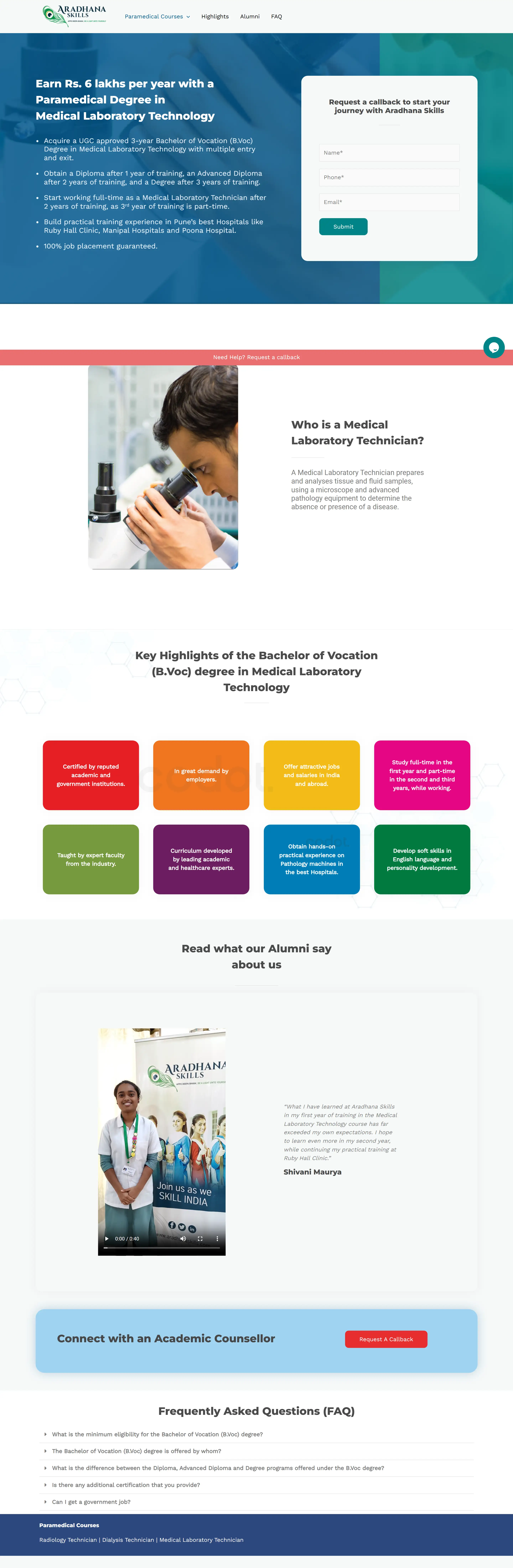 Paramedical course landing page for Aradhana Skills Institute