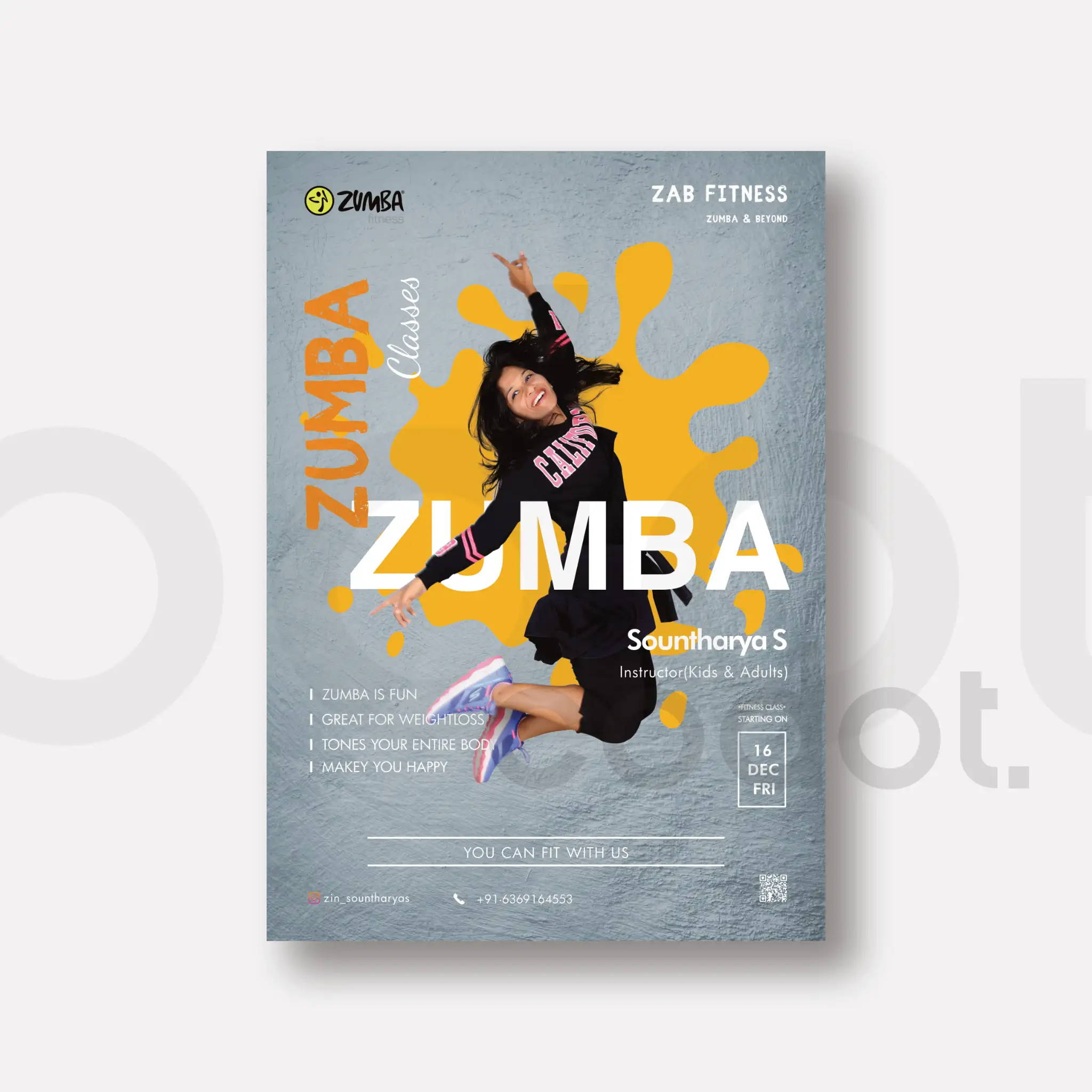 Zumba fitness poster design promoting dance classes with bold layout and energetic visuals