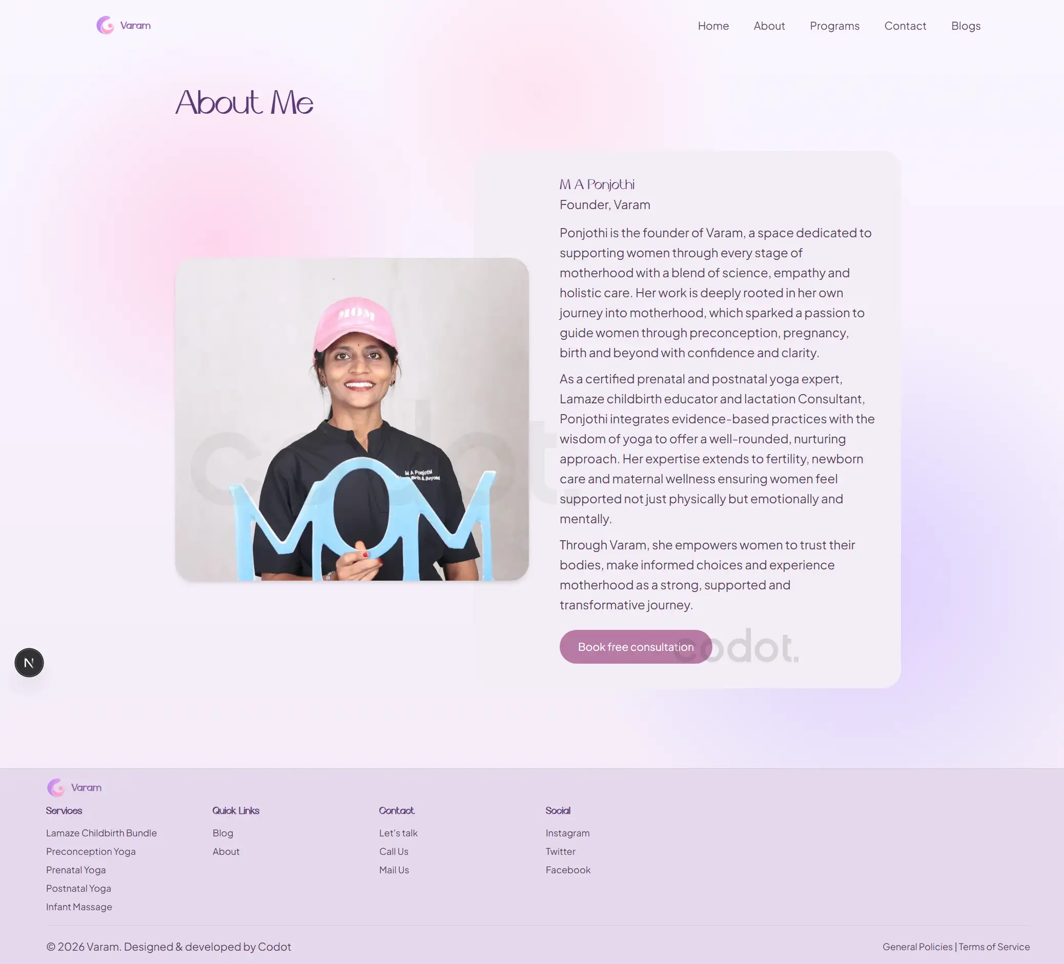 About page of Varam Birth & Beyond explaining maternity care services and approach