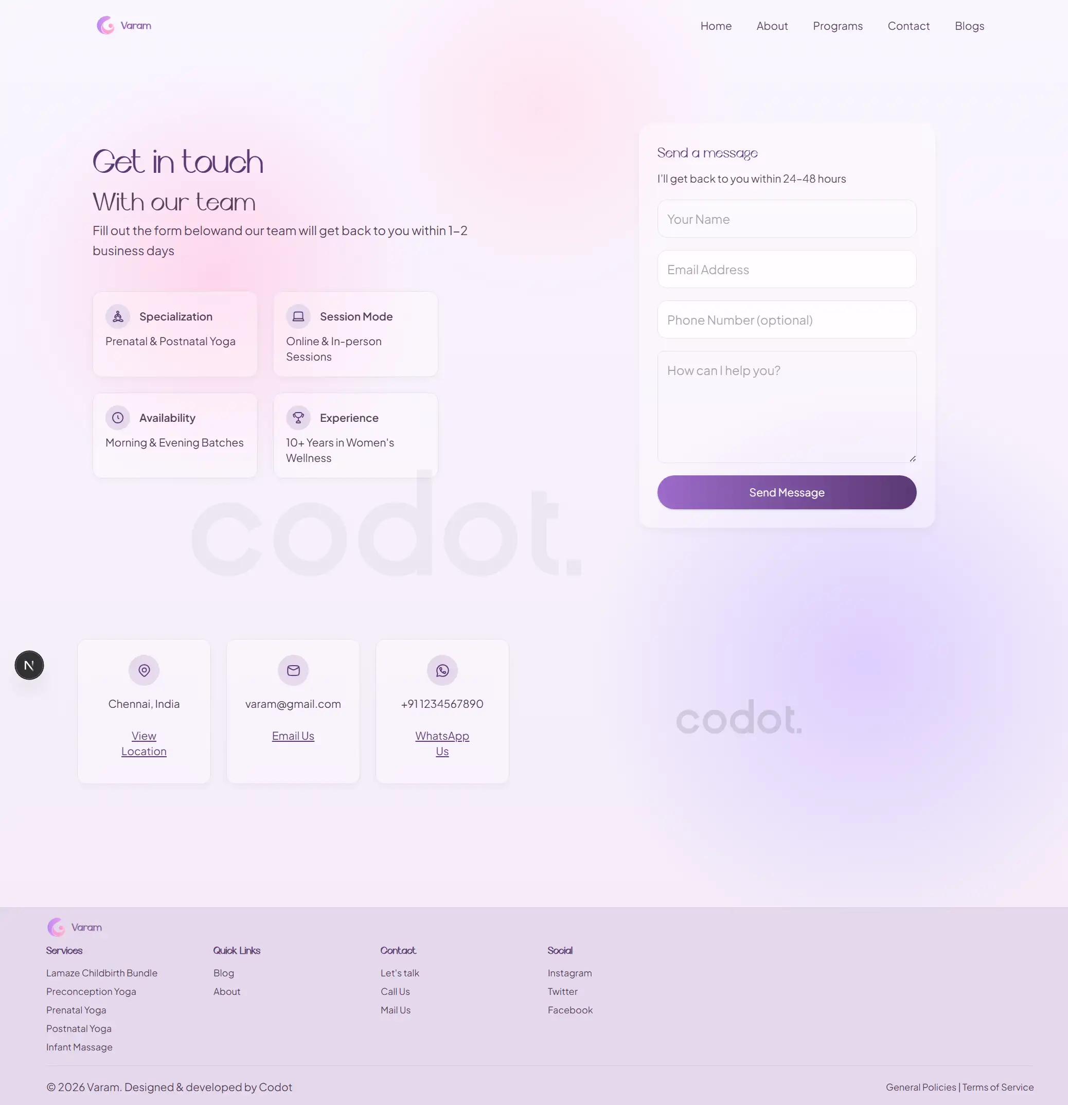 Contact page of Varam maternity platform with consultation and support options