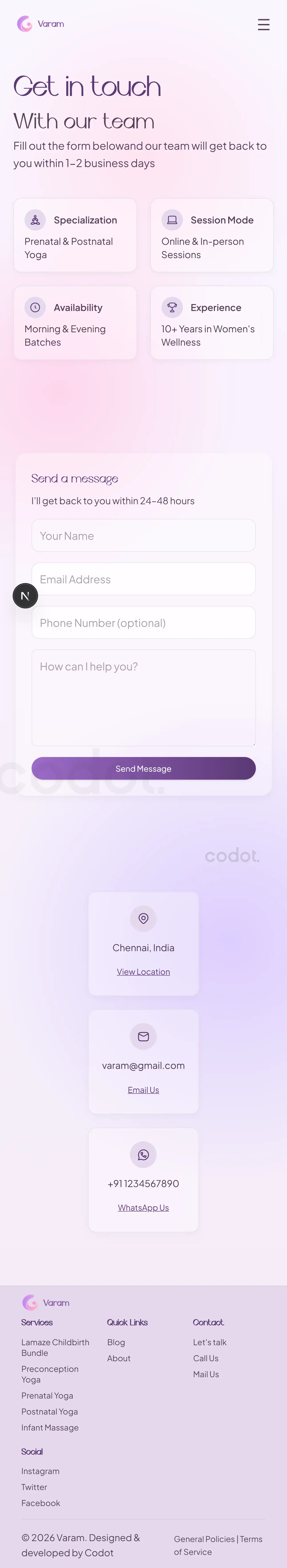 Mobile contact page for booking maternity consultations and support