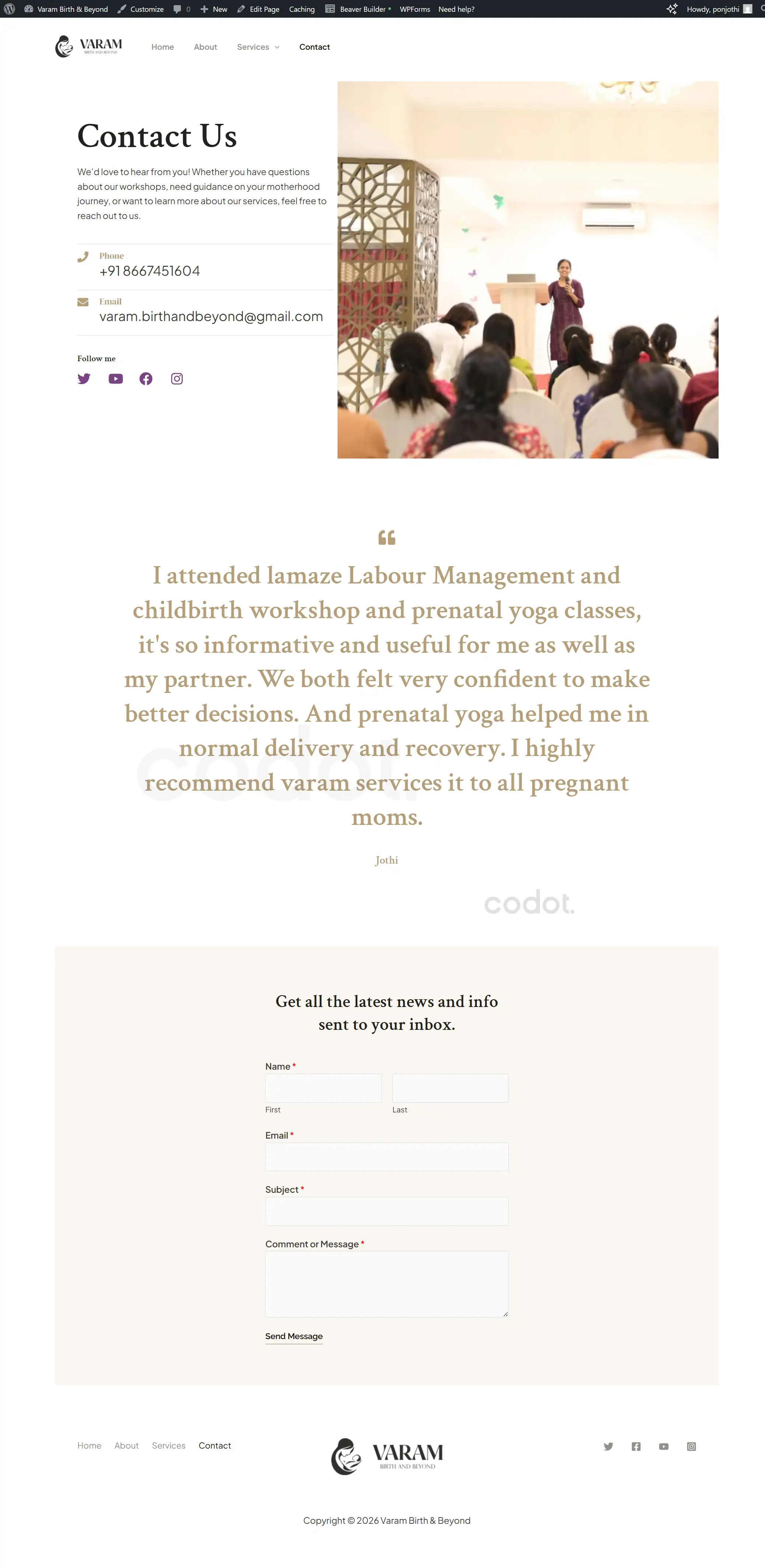 Contact page of Varam maternity platform with consultation and support options